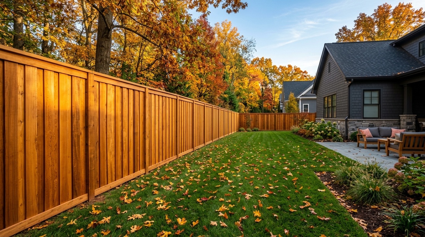 Finished Western Red Cedar privacy fence in Charlotte NC backyard during autumn