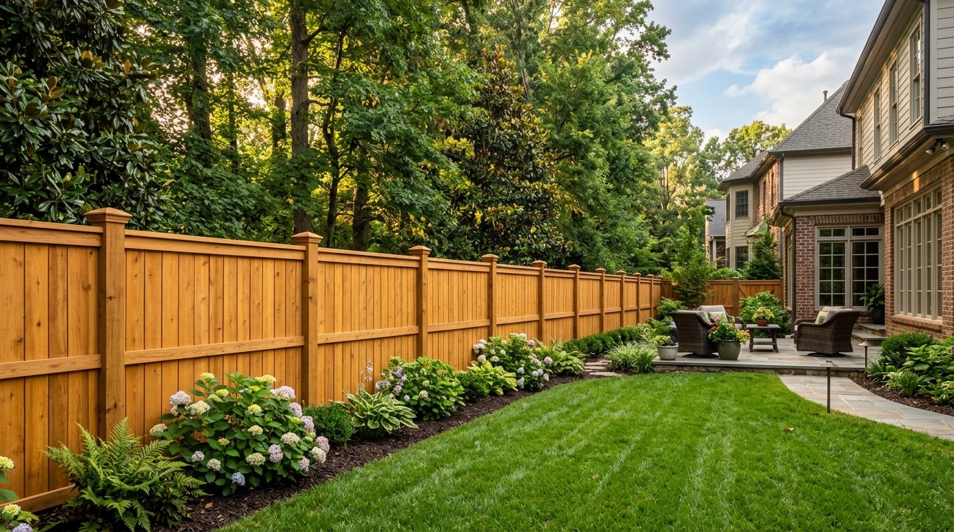 Stately Western Red Cedar privacy fence installed along an expansive manicured Charlotte NC backyard lawn