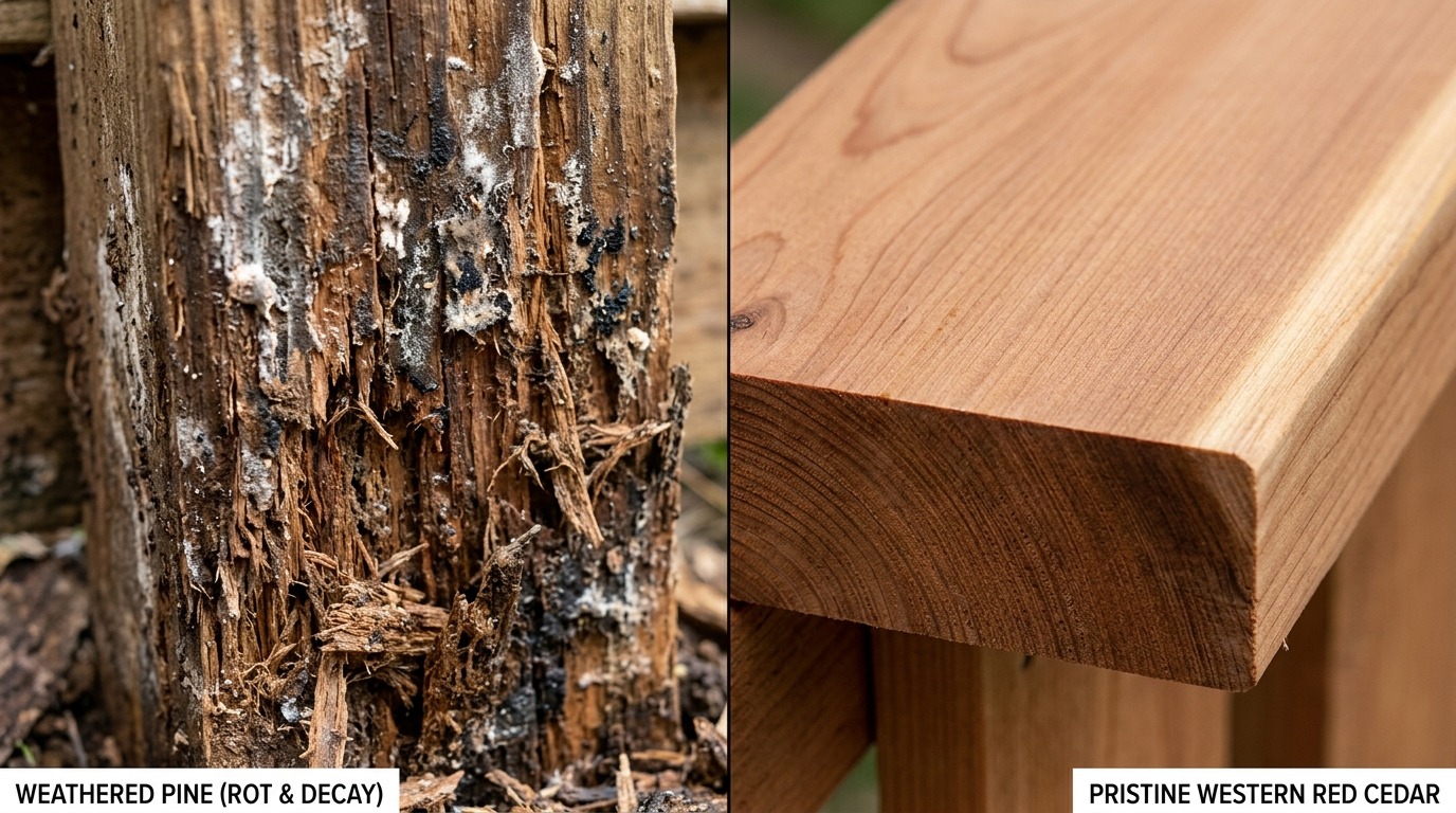 Close-up structural comparison showing rot and decay in weathered untreated pine versus clean pristine Western Red Cedar