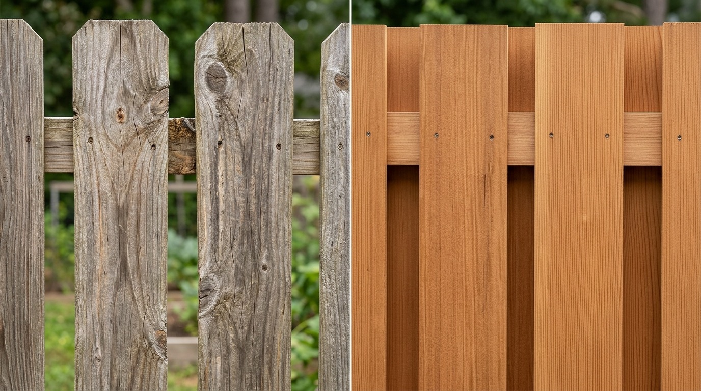 Macro comparison of warped weathered fence boards with shrinkage gaps versus tight cedar board-on-board pickets