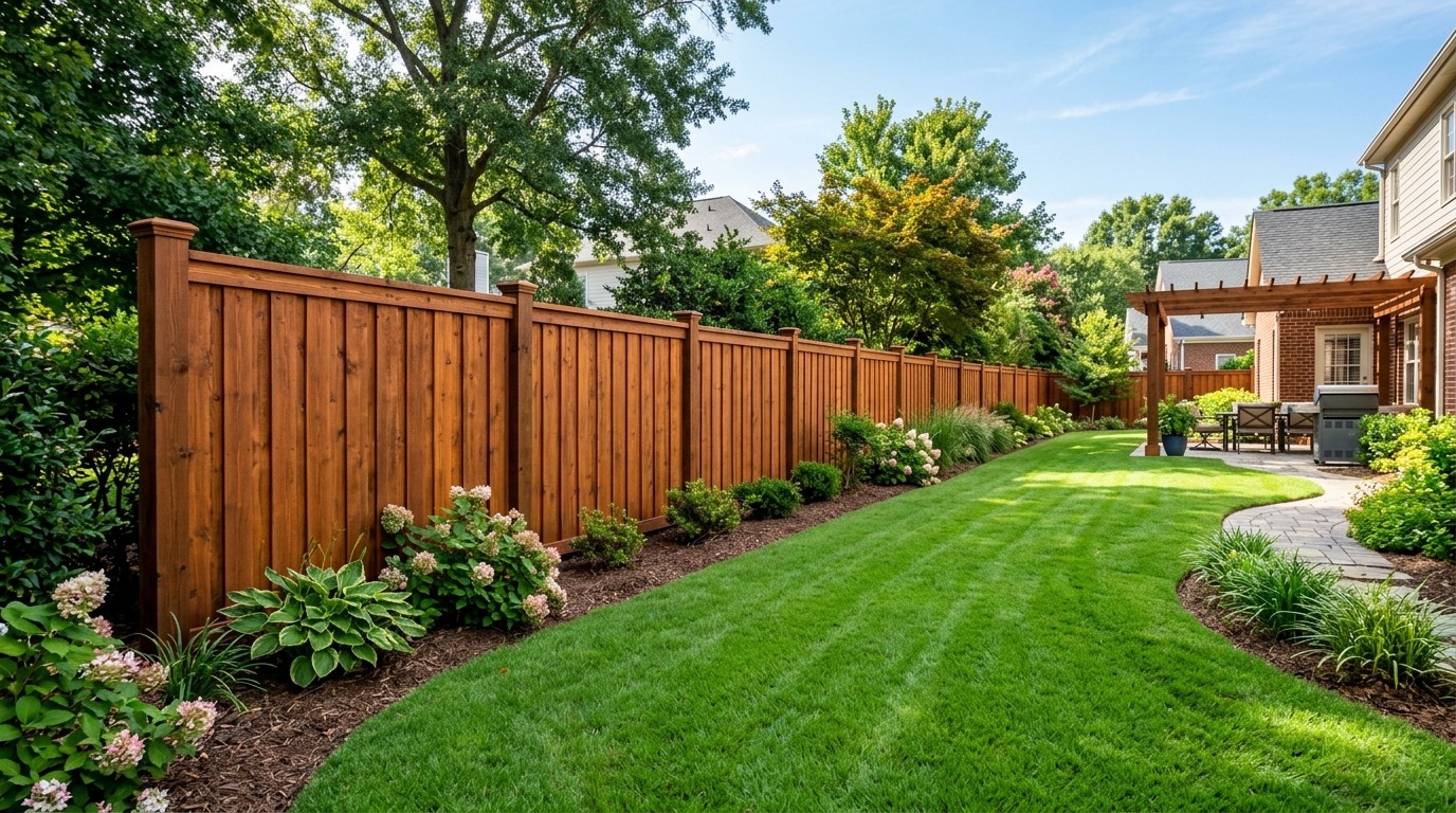 Custom Western Red Cedar privacy fence stained with rich redwood semi-transparent oil stain in an upscale Charlotte suburban backyard
