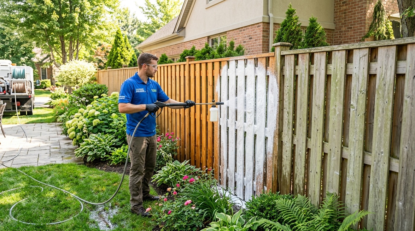 Soft washing a cedar privacy fence with a gentle foaming cleaner and garden hose