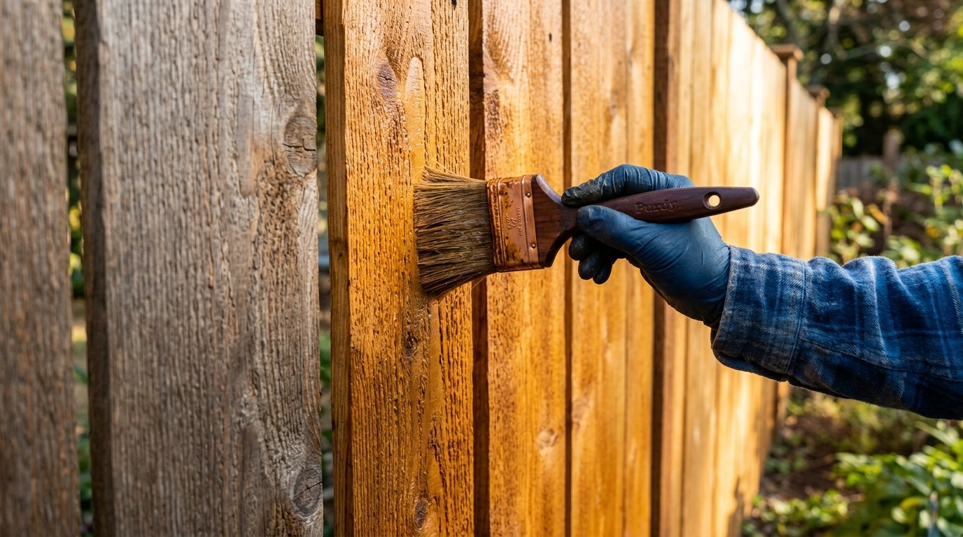 Craftsman back-brushing penetrating amber oil stain into Western Red Cedar fence pickets