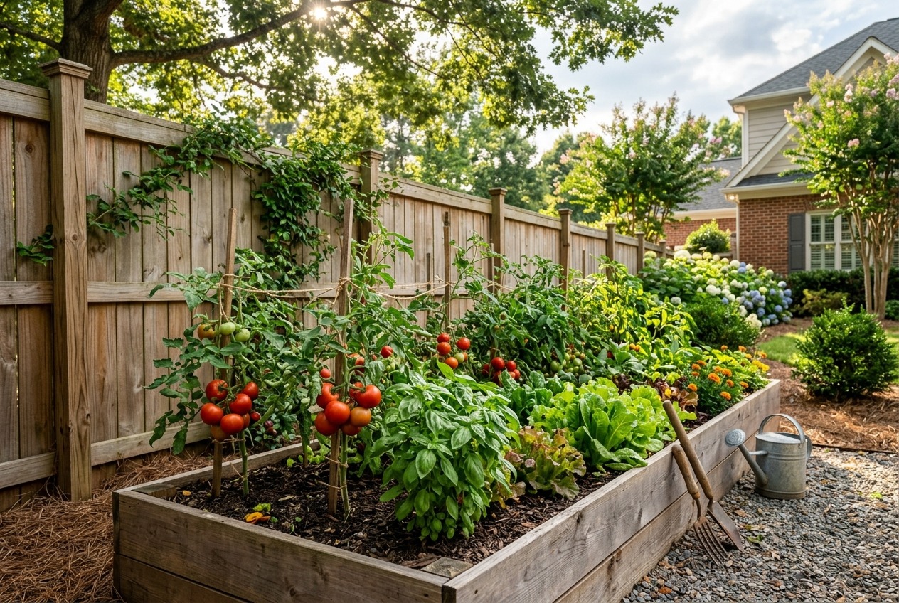 Lush backyard raised garden bed filled with fresh tomatoes and herbs along a wooden privacy fence