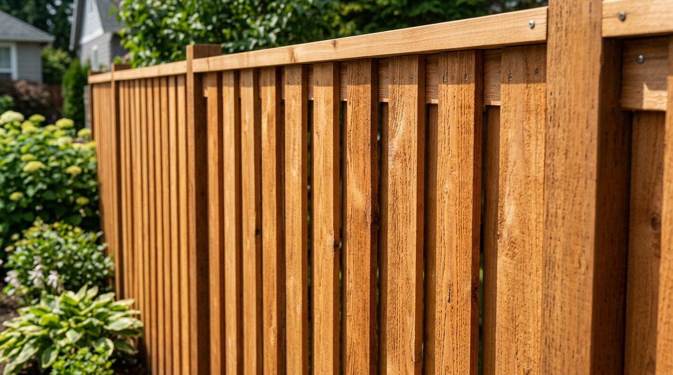 Close-up of newly installed Western Red Cedar board-on-board privacy fence highlighting overlapping pickets and zero gap construction
