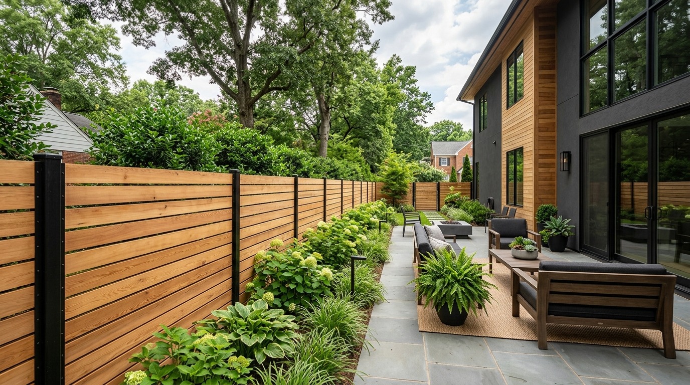 Modern horizontal Western Red Cedar privacy fence bordering a contemporary backyard patio in Charlotte NC