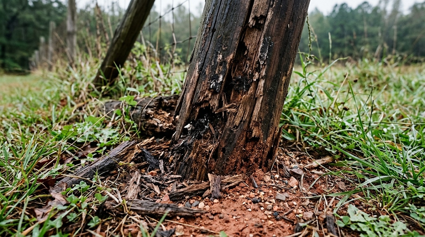 Rotting untreated fence post at the groundline showing severe fungal decay and fiber disintegration in red clay soil