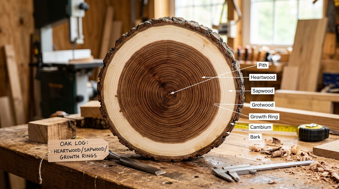 Educational cross-section of a fresh tree log showing dark rot-resistant heartwood inner core vs pale vulnerable outer sapwood