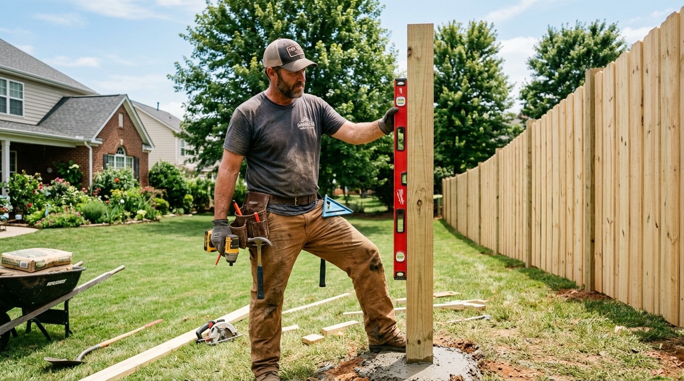 Skilled fence contractor installing wooden fence posts in Fort Mill SC