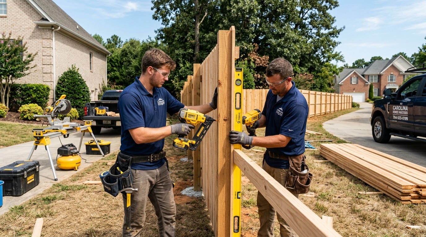 Amour Fence professional crew setting wood fence posts in Indian Trail NC