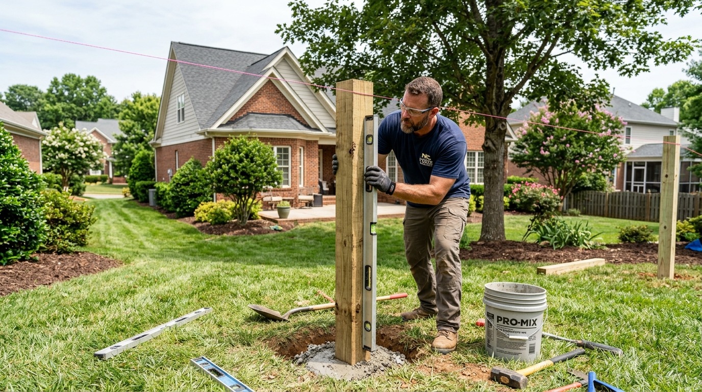 Professional fence contractor setting treated timber fence posts with level in Matthews NC