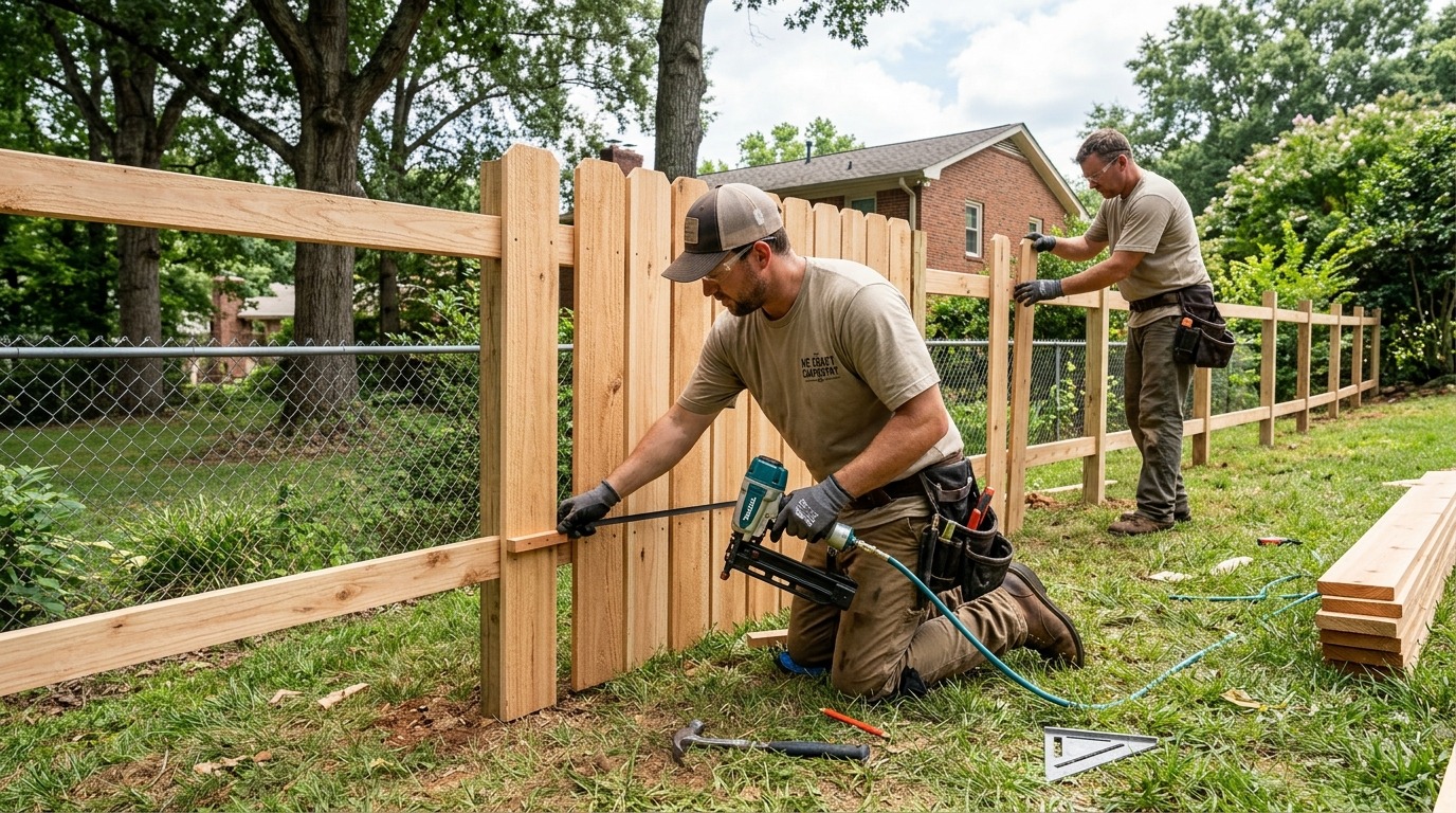 Amour Fence professional crew setting wood fence posts in Pineville NC