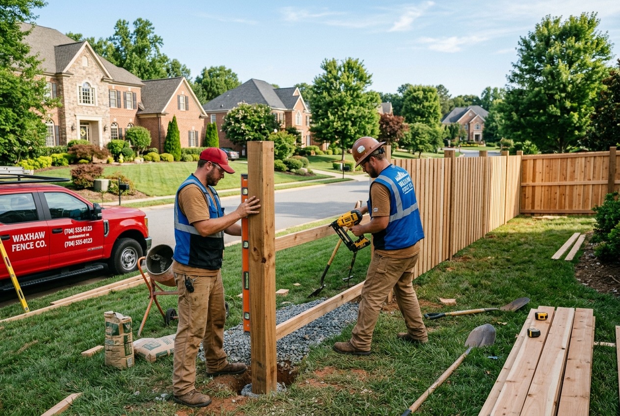 Amour Fence crew installing a wood fence in the Waxhaw NC area