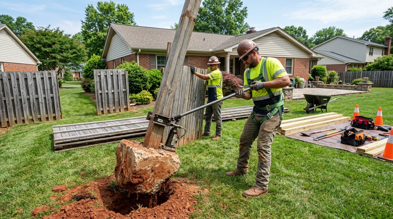 Amour Fence crew extracting an old wood post and concrete footing from red clay soil in Charlotte NC