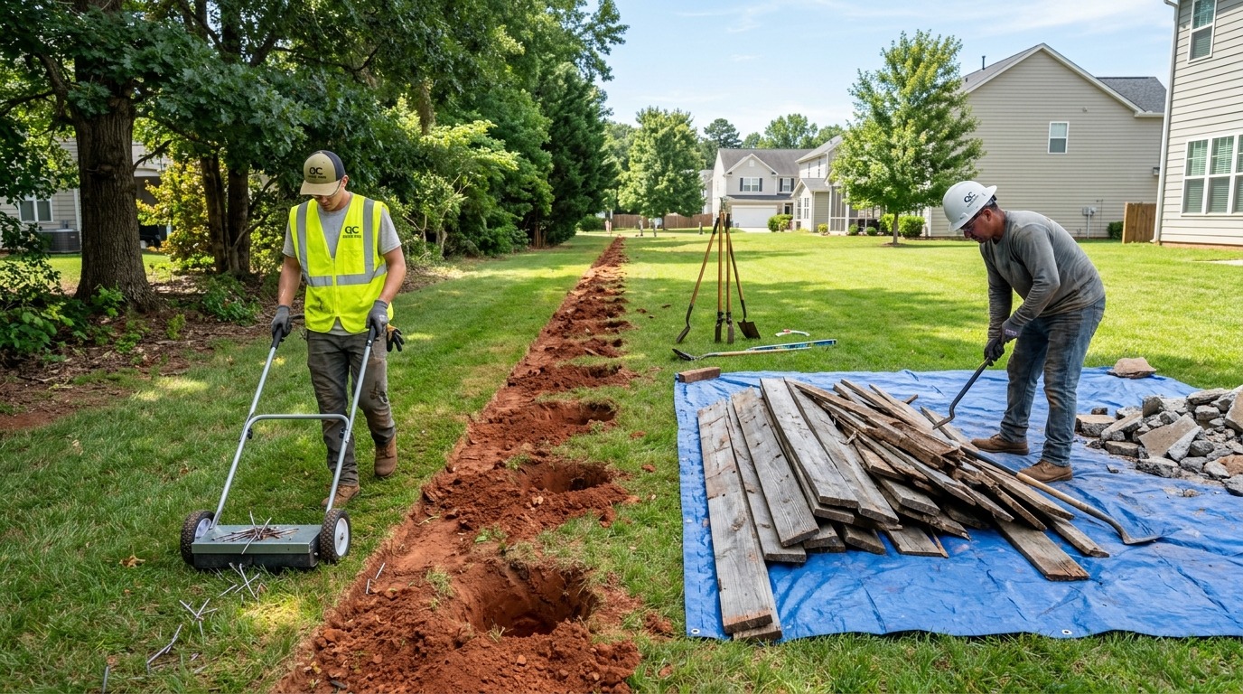 Amour Fence team performing magnetic property sweep and site prep after fence tear down in Charlotte