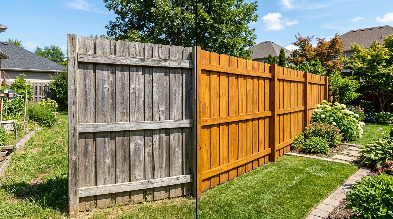 Before and after comparison of wood fence staining in Charlotte NC showing gray weathered lumber restored to rich golden amber cedar finish