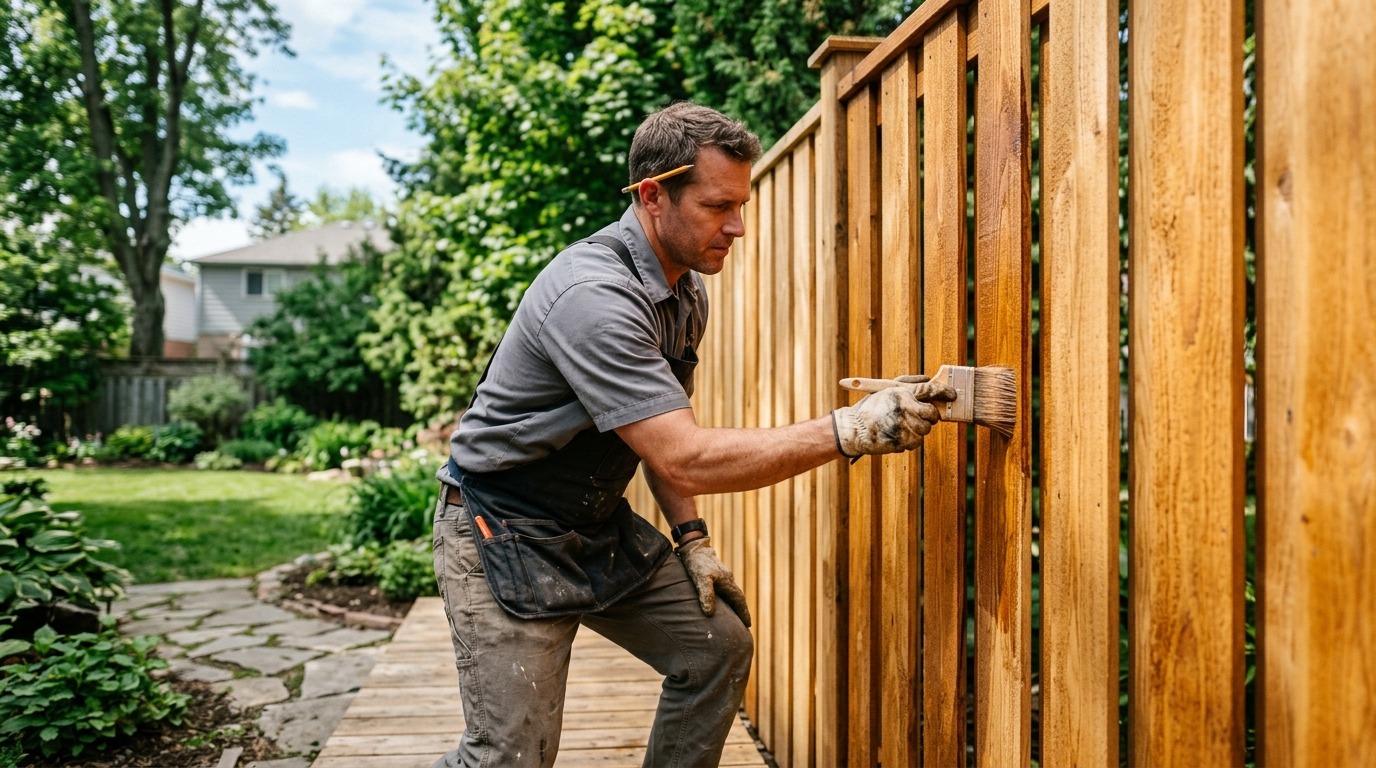 Professional fence stainer in Charlotte NC applying penetrating oil stain with airless sprayer and back-brushing along cedar wood grain